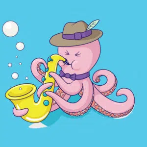 Tekening van een octopus die muziek speelt