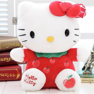 Schattige Hello Kitty pluche met rode vlinder zittend voor boeken