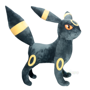 Grote pluche van Umbreon de pokemon die eruit ziet als een zwarte vos met gele strepen en cirkels op zijn vacht