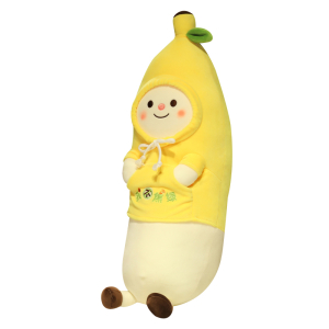 Pluche bananen kussen met huid als hoodie in geel